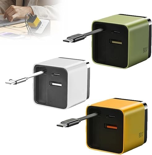 Universal 3-in-1 GaN Charger Plug 80W with Type-C Retractable Cable