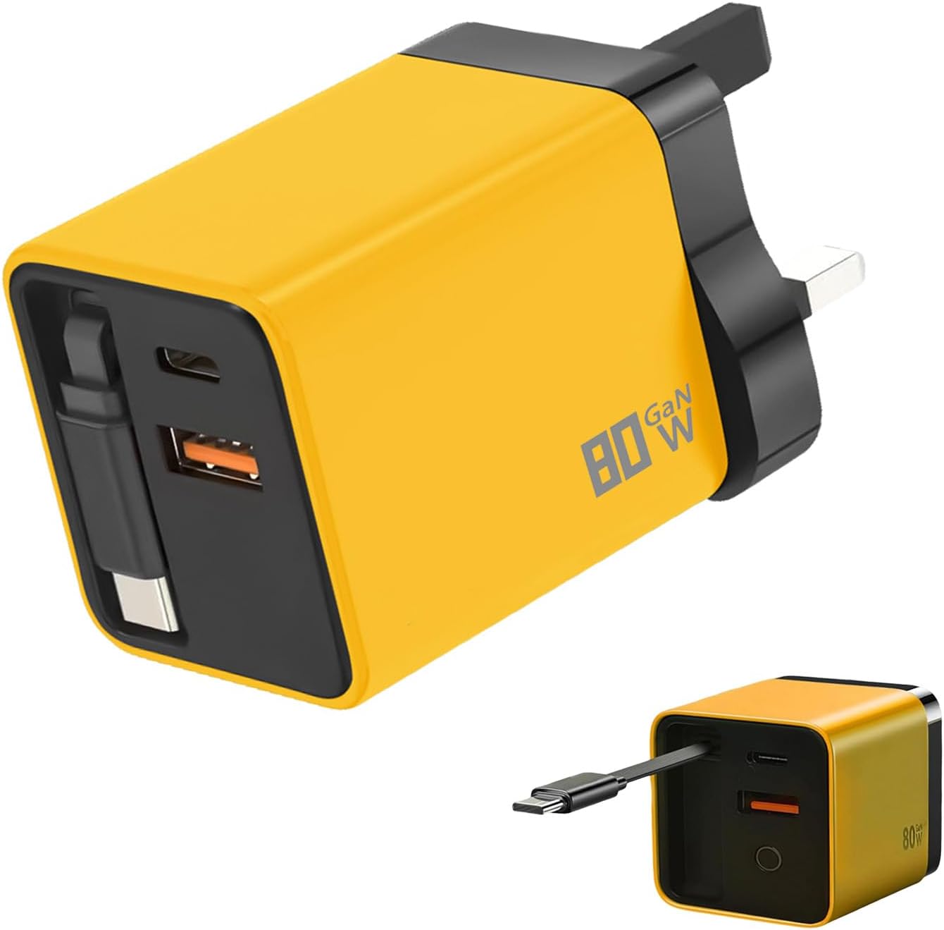 Universal 3-in-1 GaN Charger Plug 80W with Type-C Retractable Cable