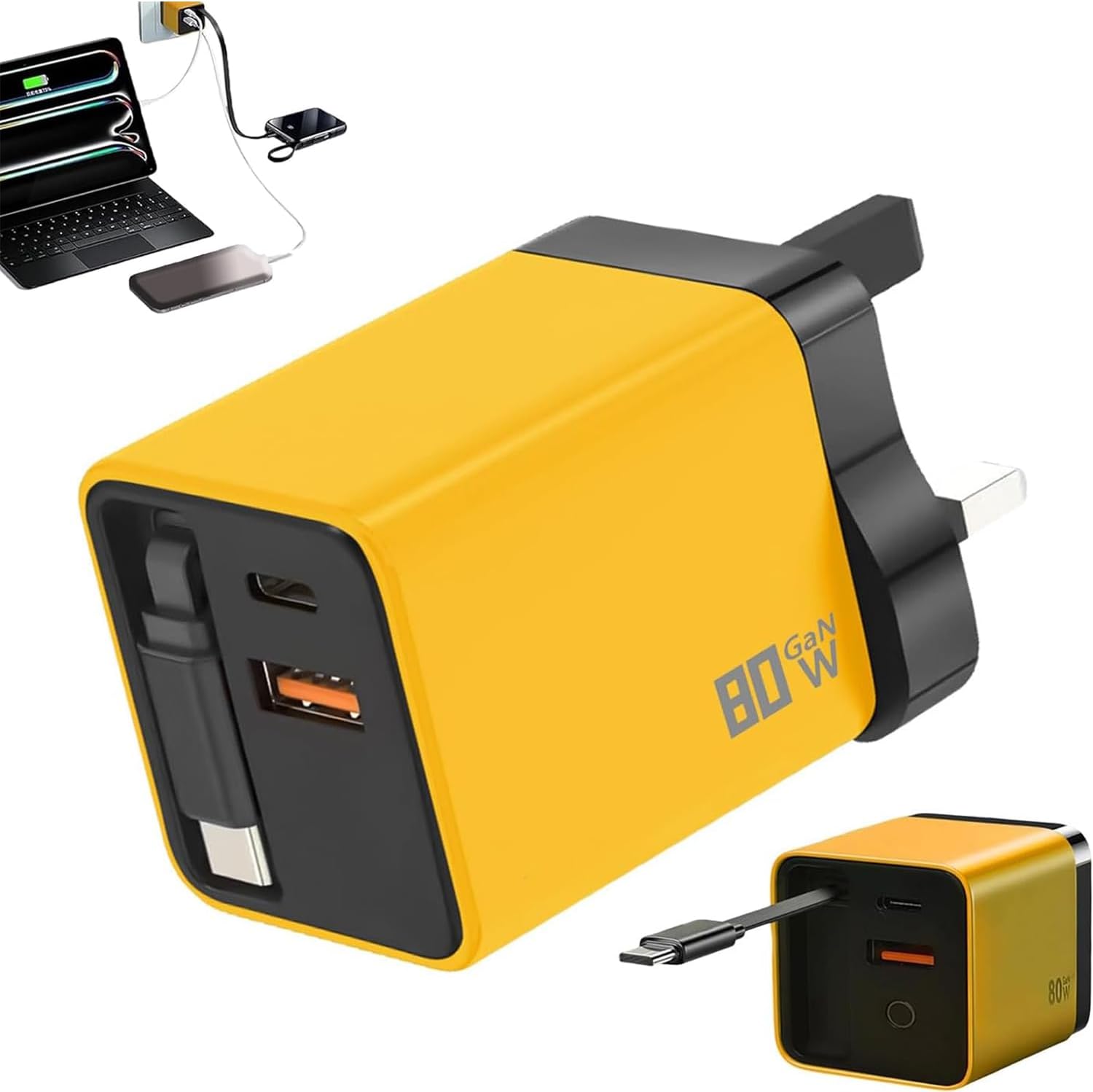 Universal 3-in-1 GaN Charger Plug 80W with Type-C Retractable Cable