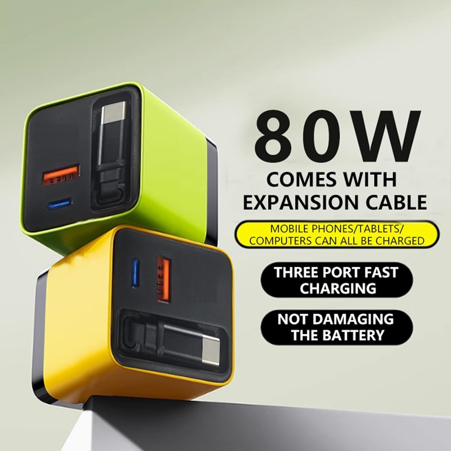 Universal 3-in-1 GaN Charger Plug 80W with Type-C Retractable Cable