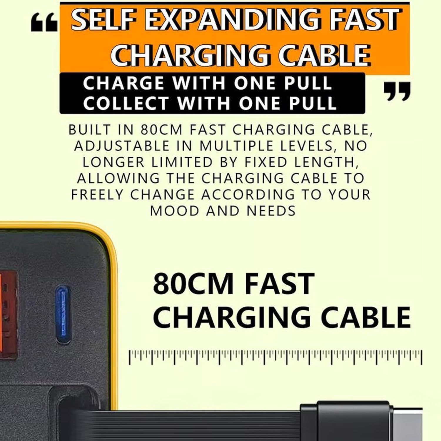 Universal 3-in-1 GaN Charger Plug 80W with Type-C Retractable Cable