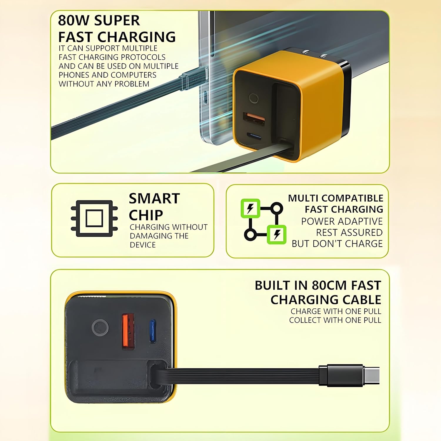 Universal 3-in-1 GaN Charger Plug 80W with Type-C Retractable Cable