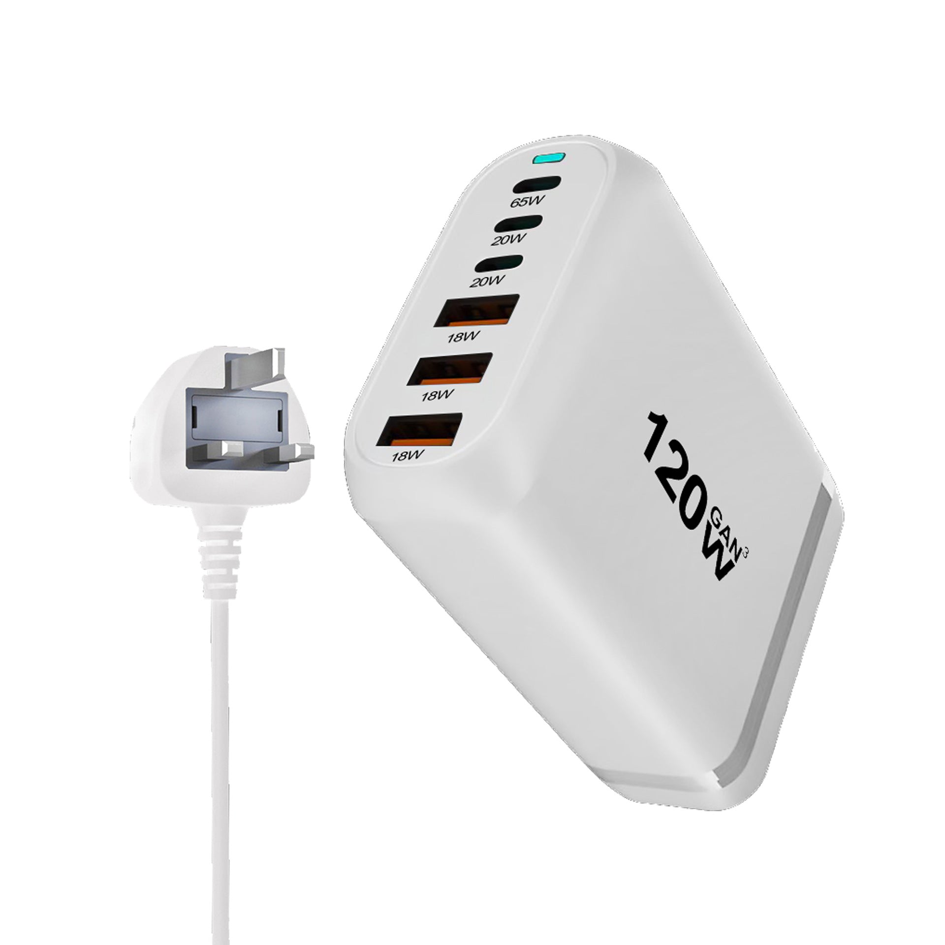 120W GaN 6-Port Charging Station (3 Type-C + 3 USB-A) - White