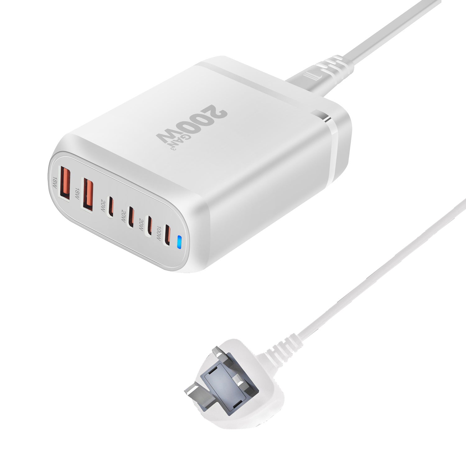 200W GaN 6-Port Charging Station (4 Type-C + 2 USB-A) - White