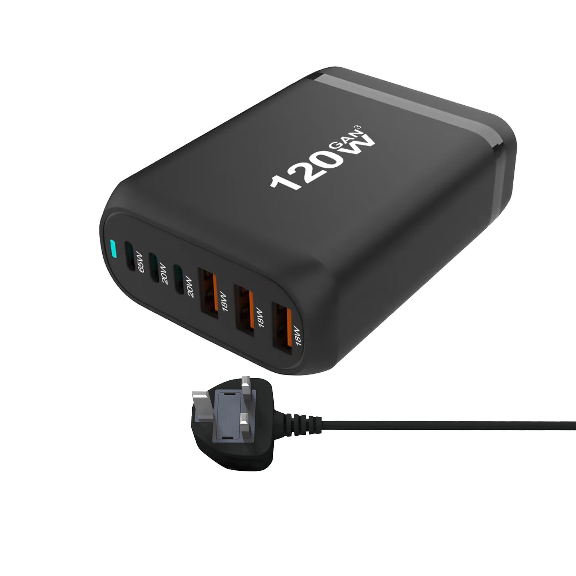120W GaN 6-Port Charging Station (3 Type-C + 3 USB-A) - Black