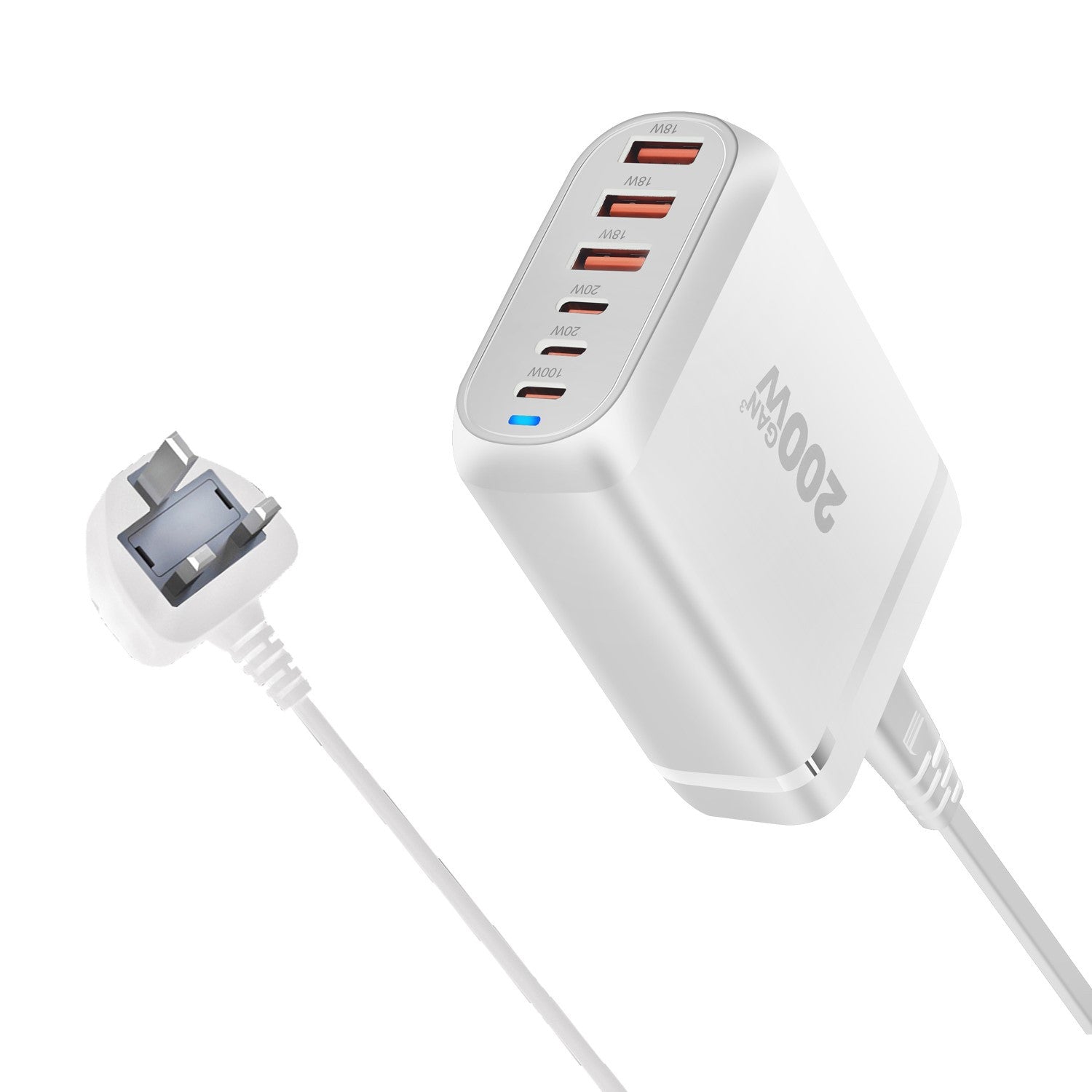 200W GaN 6-Port Charging Station (3 Type-C + 3 USB-A) - White