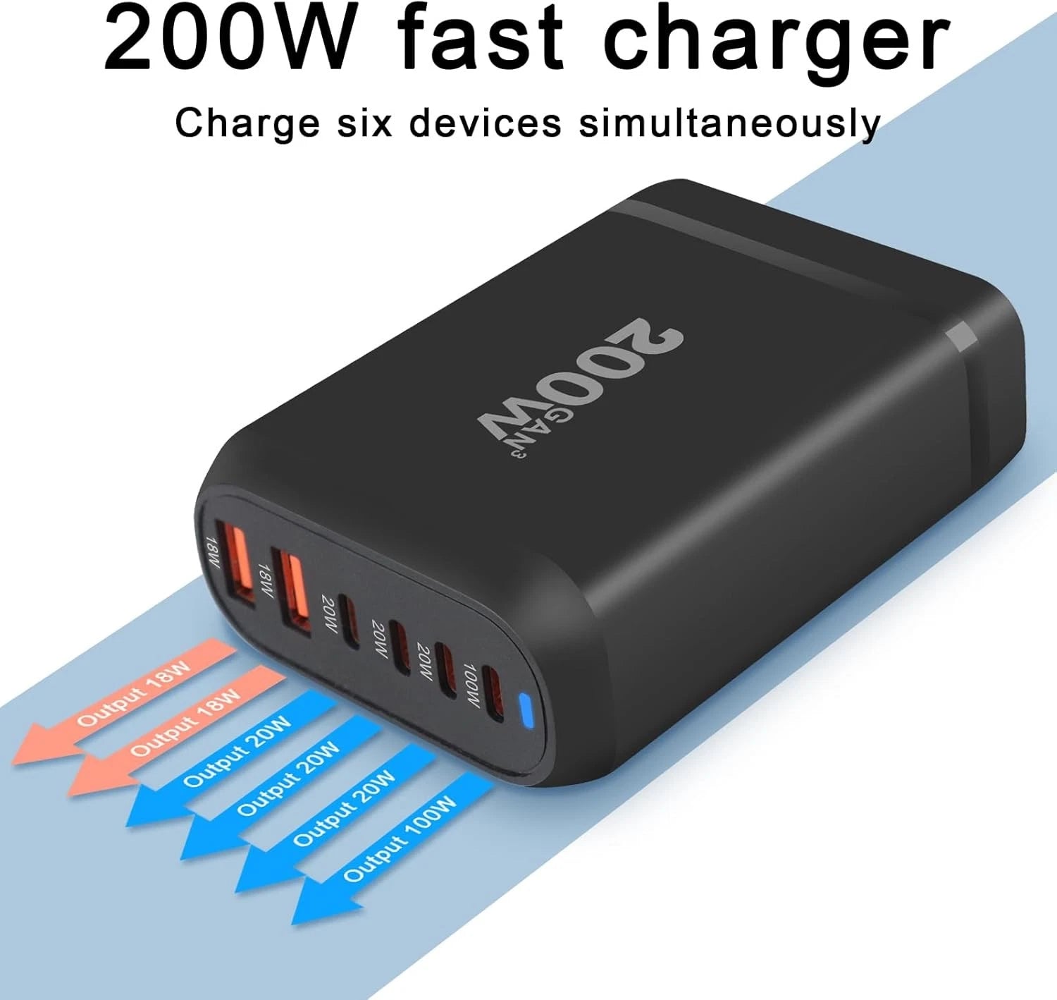 200W GaN 6-Port Charging Station (3 Type-C + 3 USB-A) - Black