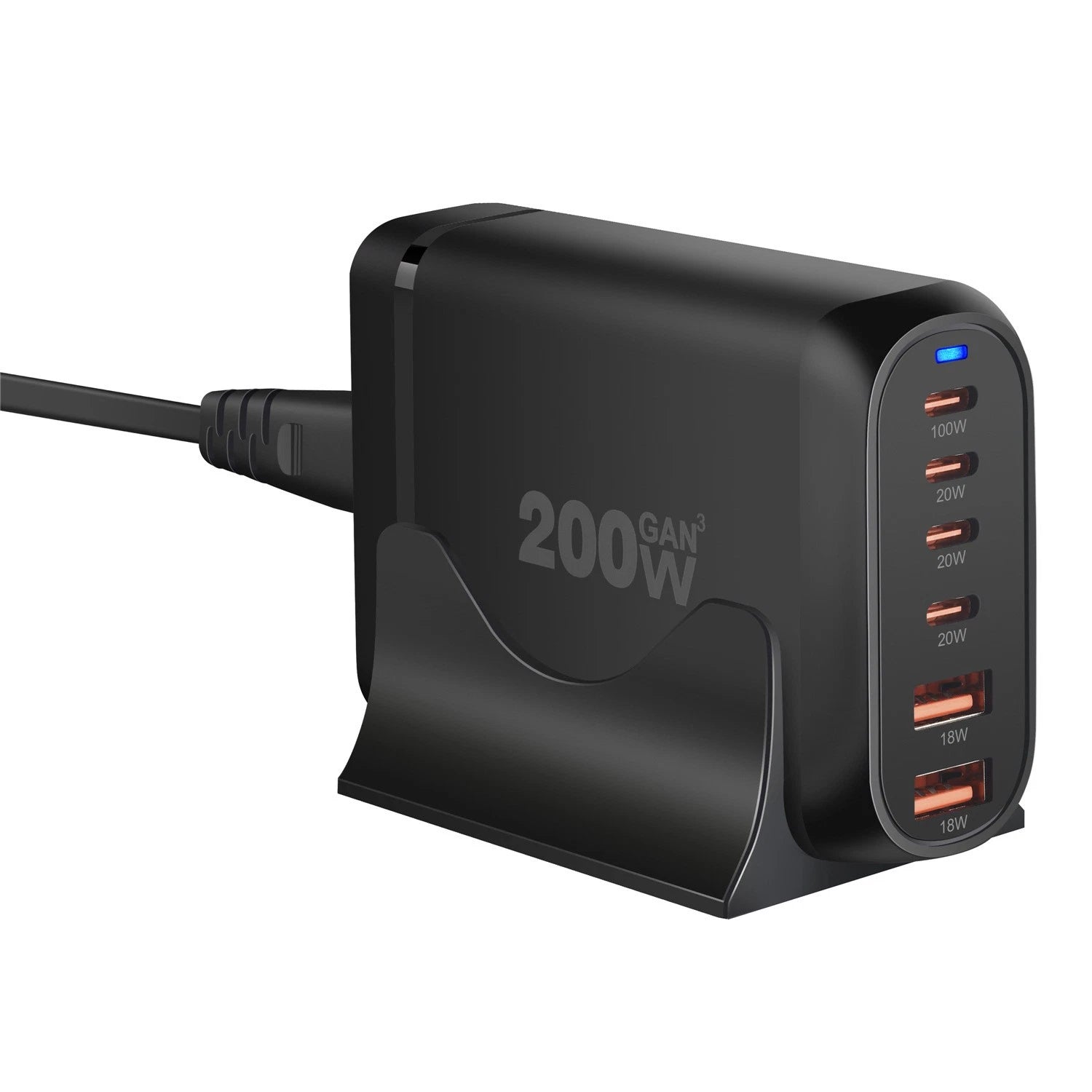200W GaN 6-Port Charging Station (4 Type-C + 2 USB-A) - Black