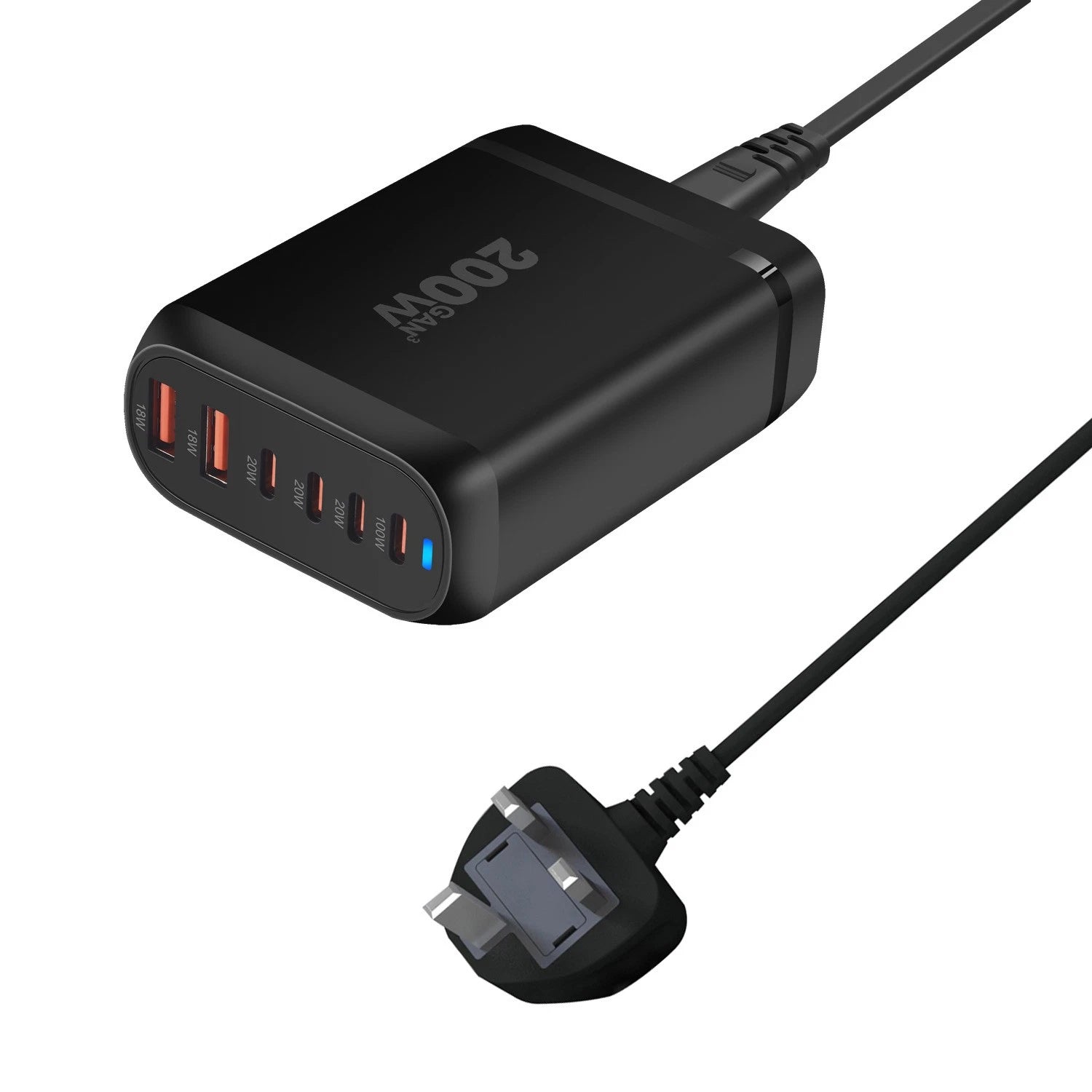 200W GaN 6-Port Charging Station (4 Type-C + 2 USB-A) - Black