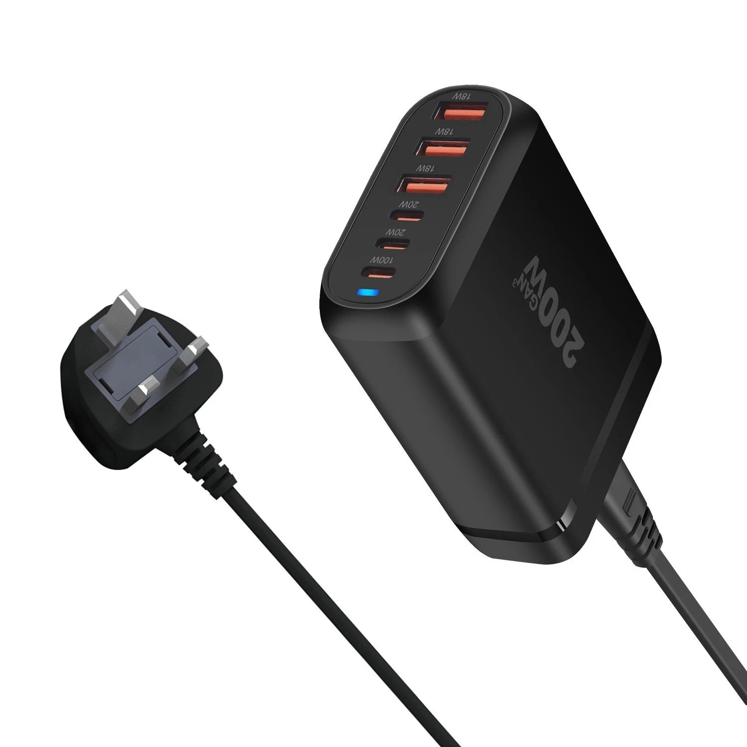 200W GaN 6-Port Charging Station (3 Type-C + 3 USB-A) - Black