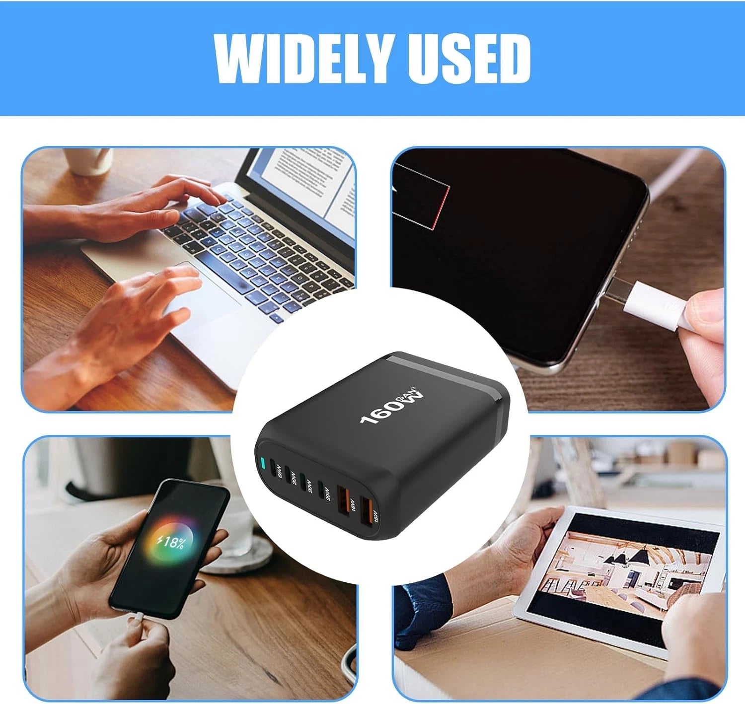 160W GaN 6-Port Charging Station (4 Type-C + 2 USB-A) - Black