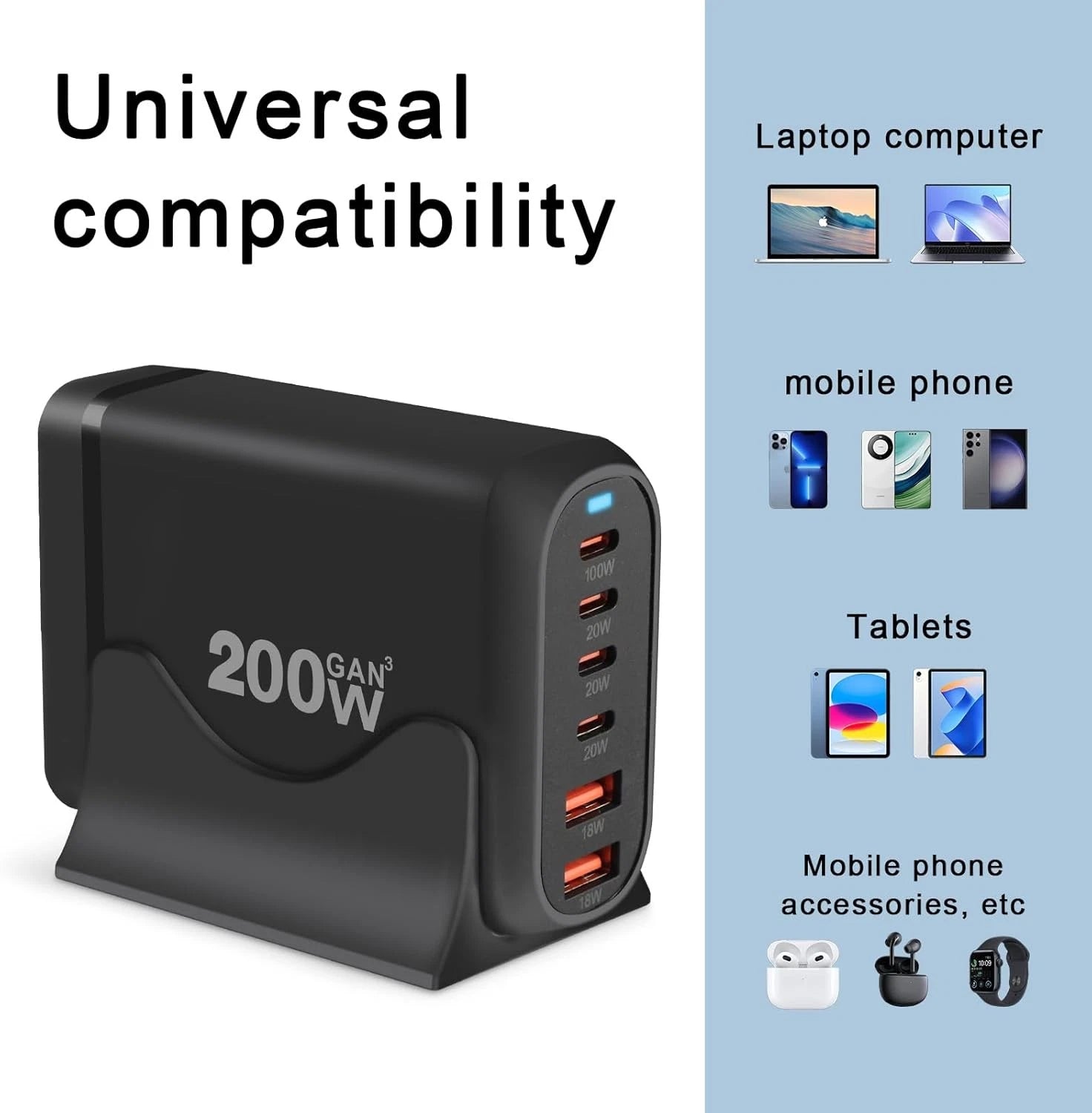 200W GaN 6-Port Charging Station (3 Type-C + 3 USB-A) - Black