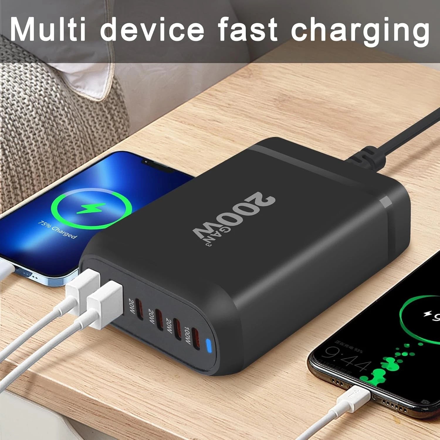 200W GaN 6-Port Charging Station (3 Type-C + 3 USB-A) - Black