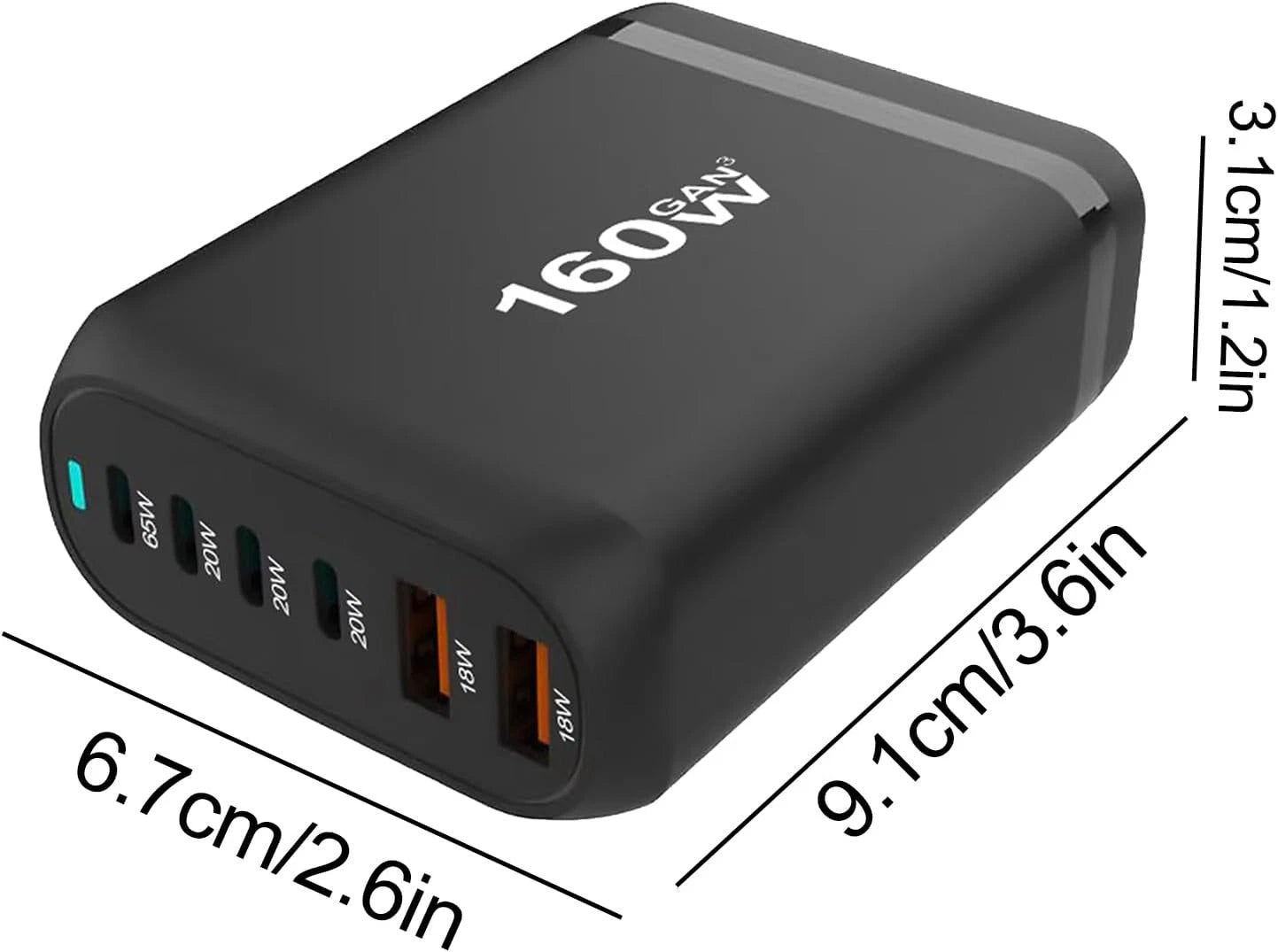 160W GaN 6-Port Charging Station (4 Type-C + 2 USB-A) - Black