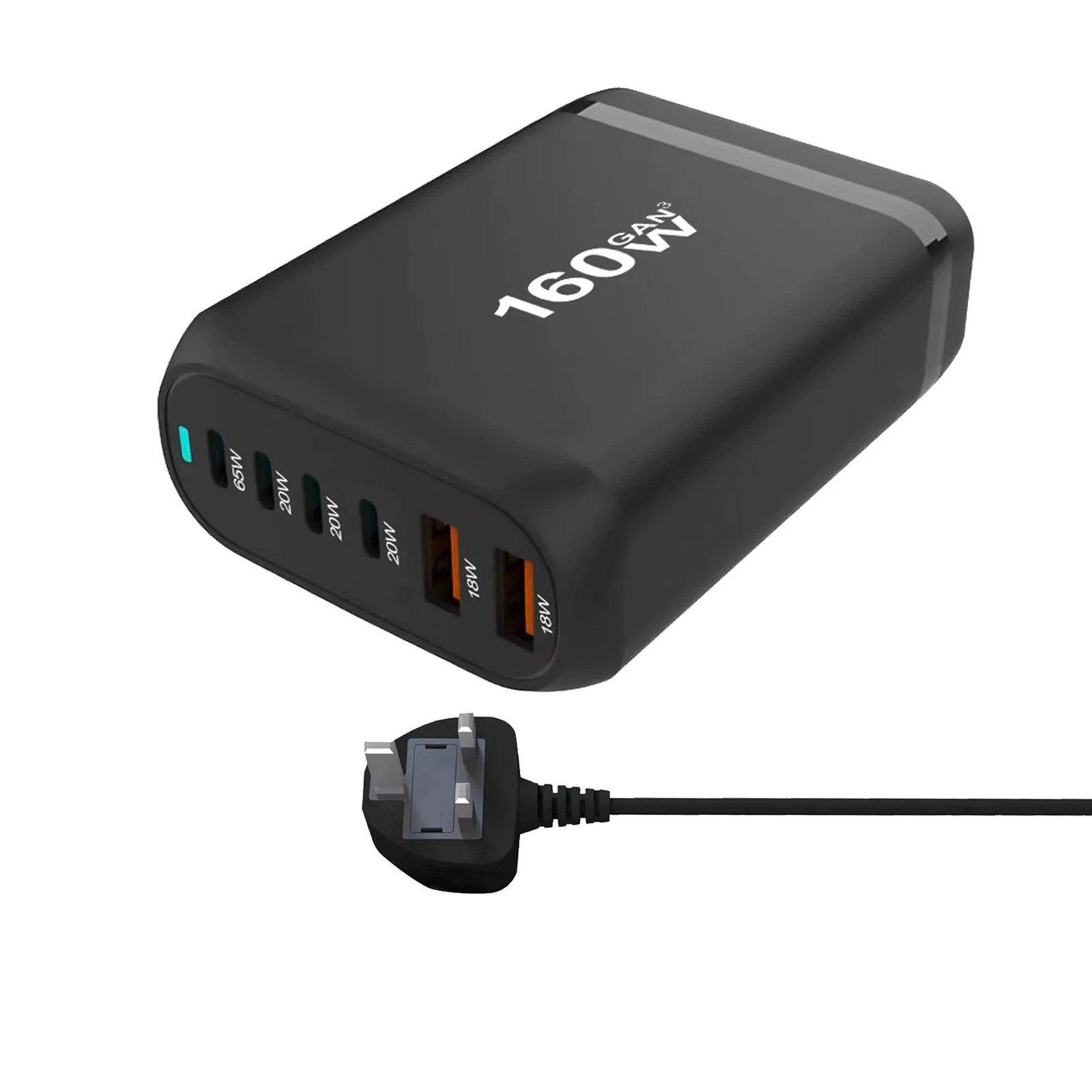 160W GaN 6-Port Charging Station (4 Type-C + 2 USB-A) - Black