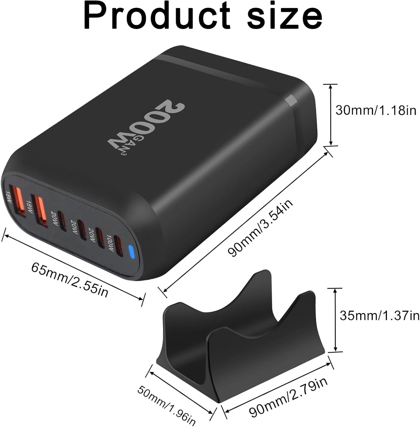 200W GaN 6-Port Charging Station (3 Type-C + 3 USB-A) - Black