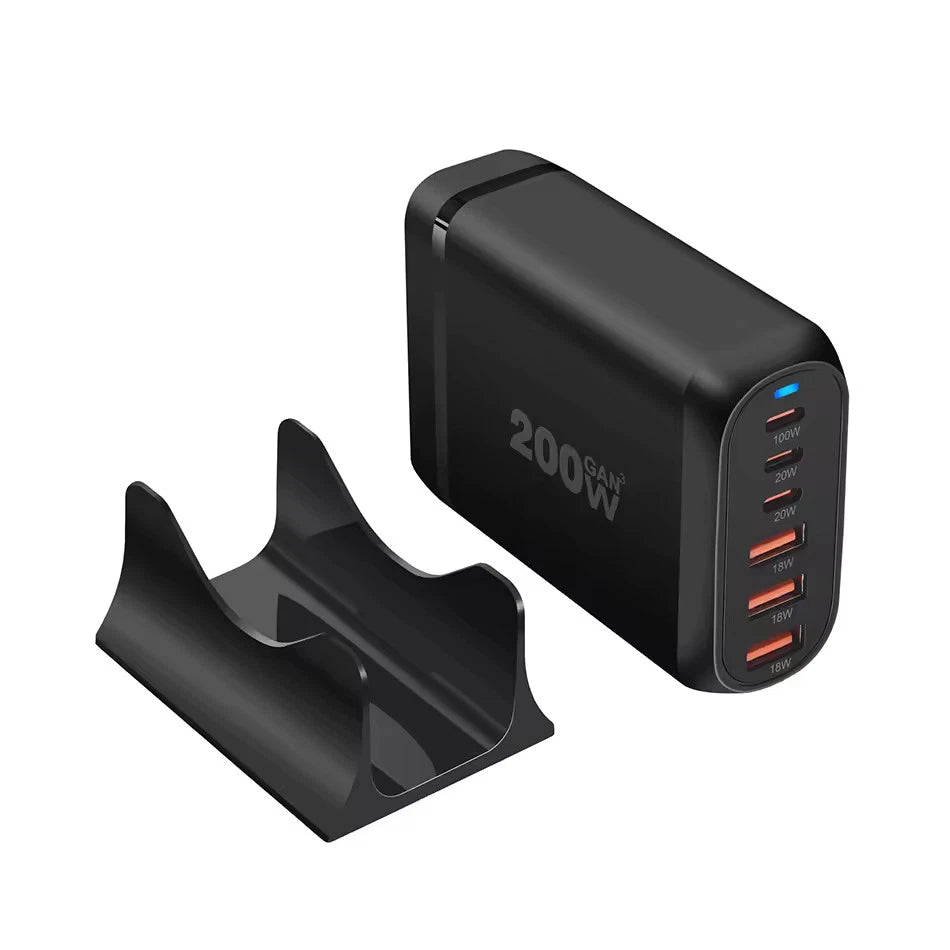 200W GaN 6-Port Charging Station (3 Type-C + 3 USB-A) - Black