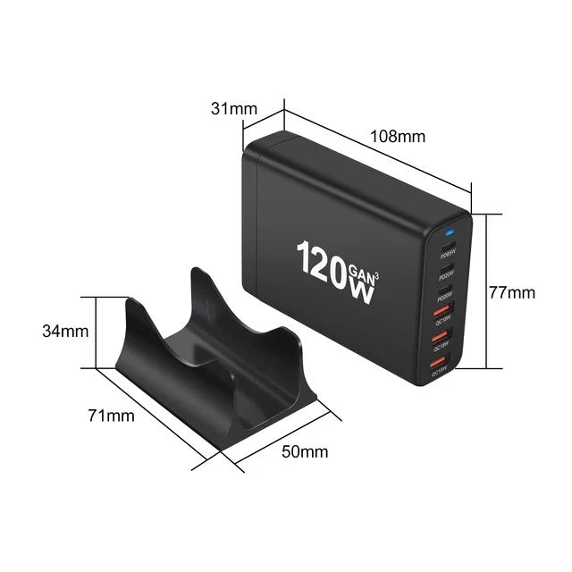 120W GaN 6-Port Charging Station (3 Type-C + 3 USB-A) - Black