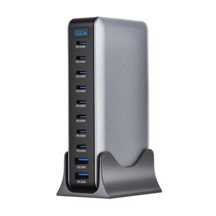 Side view of 10-port USB-C charging station with LED wattage display