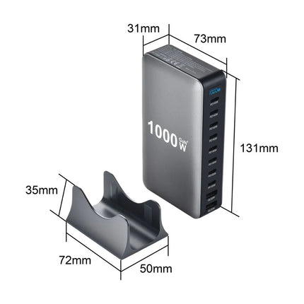 Dimensions diagram for 1000W USB-C charging station and stand