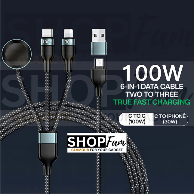 6 in 1 PD 100W Charging Cable | USB/Type-C to Apple Watch, Type-C & iPhone