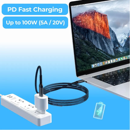 100W PD USB-C to USB-C braided cable charging a laptop from a USB-C wall charger