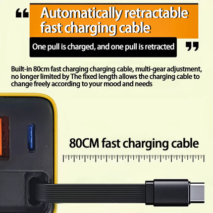 Universal 3-in-1 GaN Charger Plug 80W with Type-C Retractable Cable