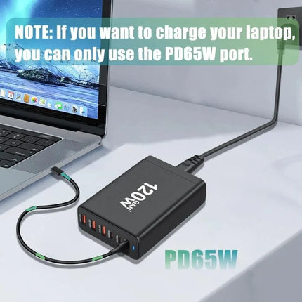 120W GaN charging station powering a laptop and phone on a desk