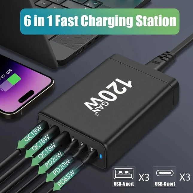 120W GaN 6-port charging station with 3 USB-C and 3 USB-A ports
