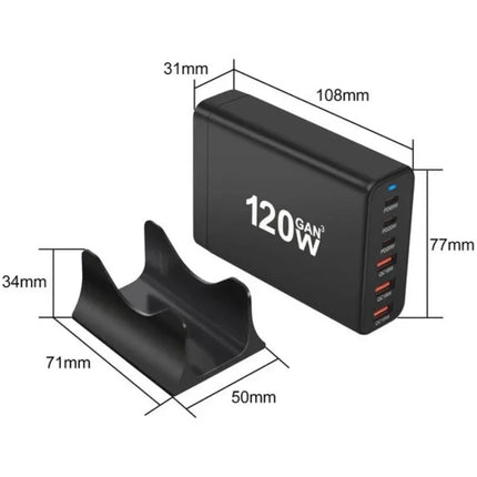 120W GaN 6-port USB charging station with product dimensions