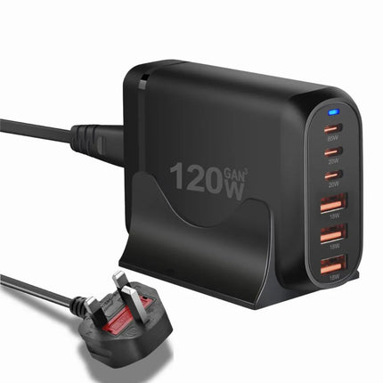 Black 120W GaN 6-port USB charging station with UK plug power cable