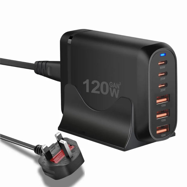 Black 120W GaN 6-port USB charging station with UK plug power cable