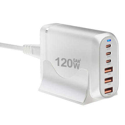 White 120W GaN 6-port USB charging station with UK plug power cable