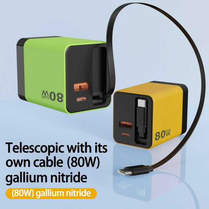 Universal 3-in-1 GaN Charger Plug 80W with Type-C Retractable Cable