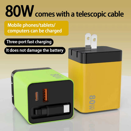 Universal 3-in-1 GaN Charger Plug 80W with Type-C Retractable Cable