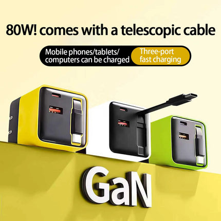 Universal 3-in-1 GaN Charger Plug 80W with Type-C Retractable Cable