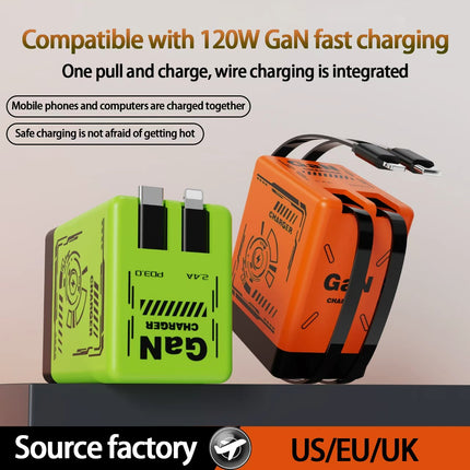 Universal GaN 120W Charger Plug with Dual Retractable Cable