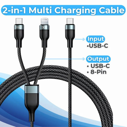 USB-C input with USB-C and 8-pin outputs on a 2-in-1 ShopFam braided charging cable