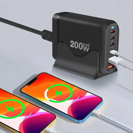 200W GaN charging station powering a phone and tablet on a desk