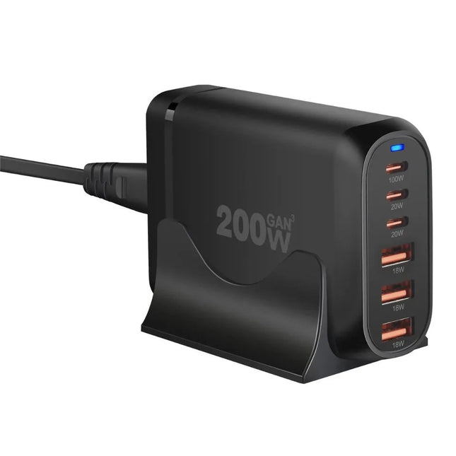 Black 200W GaN 6-port USB charging station with UK plug power cable