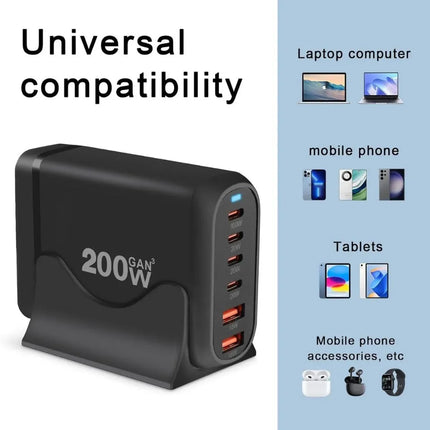 Universal compatibility graphic for 200W GaN USB charging station