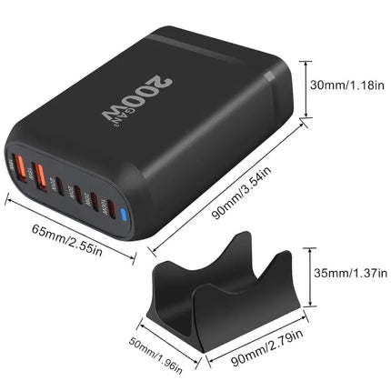 200W GaN 6-port USB charging station with product dimensions