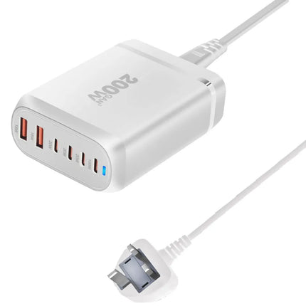 White 200W GaN charging station with UK plug detail