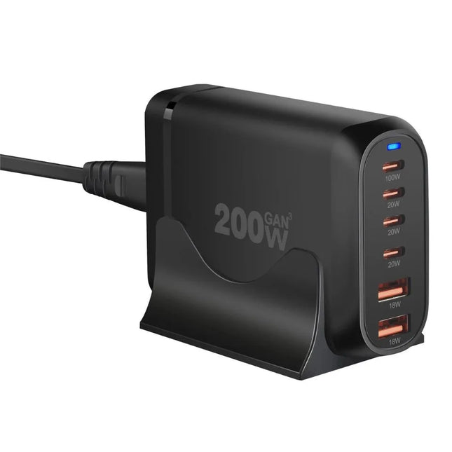 Black 200W GaN 6-port USB charging station with UK plug power cable