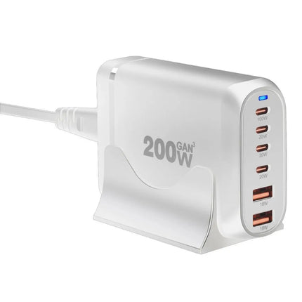 White 200W GaN 6-port USB charging station with UK plug power cable