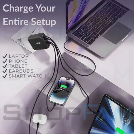 200W GaN charger powering laptop, phone, tablet, earbuds and smartwatch from one UK plug