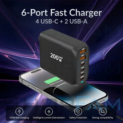 200W fast charging power with 6 ports, 4 USB-C and 2 USB-A on ShopFam GaN charger