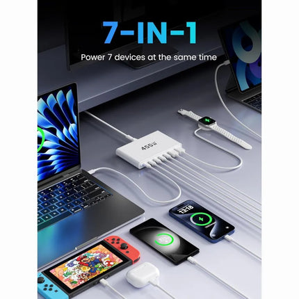 7-in-1 charging station powering laptop, phone, earbuds, watch and handheld console