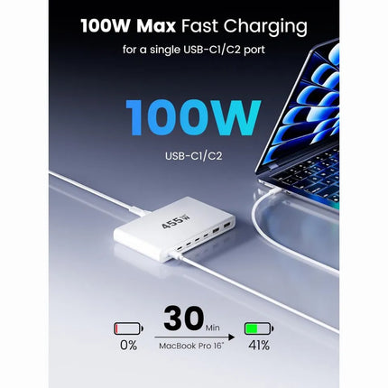 455W GaN charging station showing up to 100W USB-C PD fast charging for MacBook Pro