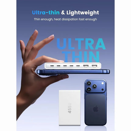 Ultra-thin lightweight 455W GaN USB-C charger shown beside iPhone for size comparison